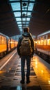 A lone traveler, backpacking, walks with purpose through the train station