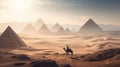 A lone traveler on a camel traverses a vast and arid desert landscape