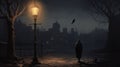 a lone traveler with his crow In a dark alley, a street lamp illuminates the figure of a tramp, AI-generated