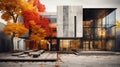 Lone tree with autumn red and yellow foliage in the background of ultra-modern minimalist building made of concrete and