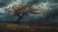 A lone tree with bare branches, yellow leaves swirling in the wind and rain Royalty Free Stock Photo