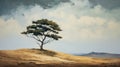 Lone Tree On Barren Land: A Digital Illustration Landscape Oil Painting Royalty Free Stock Photo