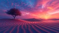 Lone tree in desert at sunrise with colorful sky Royalty Free Stock Photo