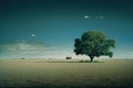 a lone tree in a field with a barn in the distance. Royalty Free Stock Photo