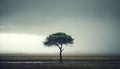 a lone tree in a field with a rain storm in the background. generative ai Royalty Free Stock Photo