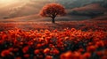 Lone Tree in Field of Red Flowers Royalty Free Stock Photo