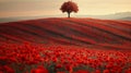 Lone Tree in Field of Red Flowers Royalty Free Stock Photo