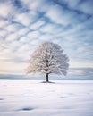 A lone tree in a field of snow, AI Generative. Royalty Free Stock Photo