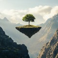 A lone tree on a floating rock, with a mountain range in the background, represents the intersection of nature, hope Royalty Free Stock Photo