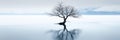 Lone tree on frozen river in winter, wide banner of snowy lake and sky, minimalist landscape of peaceful nature for background.