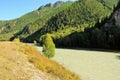 A lone tree on a gentle slope of a high bank of a beautiful river flowing at the foot of a mountain range overgrown with dense Royalty Free Stock Photo