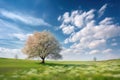 a lone tree in a grassy field under a blue sky with white clouds and a blue sky with white clouds and a green field with grass Royalty Free Stock Photo