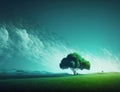 A lone tree on a grassy hill under a blue sky, a matte painting Royalty Free Stock Photo