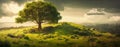 Lone tree on a green hill with stormy sky. AI Generated.