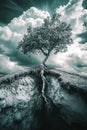 A lone tree growing upside down from the sky with roots reaching toward the earth. Royalty Free Stock Photo