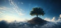 Lone tree on hilltop above clouds under blue sky with dramatic clouds Royalty Free Stock Photo