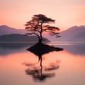 a lone tree on an island in the middle of a lake at sunset Royalty Free Stock Photo