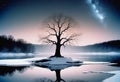 Lone Tree with Lights on Snowy Island Reflected in Lake Royalty Free Stock Photo