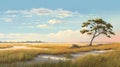 Lone Tree In Marsh: Illustration In Coastal Landscape Style