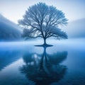 lone tree in the middle of lake with fog in ther and mountain in the