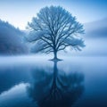 lone tree in the middle of lake with fog in ther and mountain in the