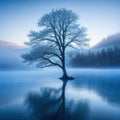 lone tree in the middle of lake with fog in ther and mountain in the