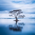 a lone tree in the middle of a large body of water