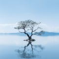 a lone tree in the middle of a large body of water