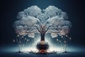 A lone tree placed in a vase stands out amidst a vibrant forest, Organic form of AI displayed as an abstract neural tree, AI