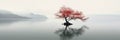 Lone tree with red leaves on lake in mist, panoramic minimalist landscape. Peaceful nature background. Concept of art, beauty, Royalty Free Stock Photo