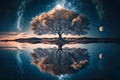 Lone tree reflected in a lake in the night. AI generated. Royalty Free Stock Photo