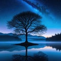 lone tree is reflected in the still water of lake under night sky filled Royalty Free Stock Photo