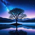 lone tree is reflected in the still water of lake under night sky filled Royalty Free Stock Photo