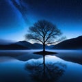 lone tree is reflected in the still water of lake under night sky filled Royalty Free Stock Photo