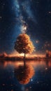 Lone tree reflected in tranquil lake under starry night sky Royalty Free Stock Photo