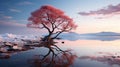 a lone tree is reflected in the water at sunset Royalty Free Stock Photo
