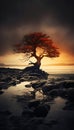 The Lone Tree on the Rocky Beach at Sunset