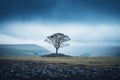 a lone tree on a rocky hill in the middle of a cloudy sky Royalty Free Stock Photo