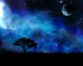 Lone tree silhouette under starry nebula sky Royalty Free Stock Photo