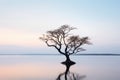 a lone tree sits on the edge of a body of water