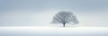 Lone tree on snowy field, panoramic minimalist landscape in winter. Wide banner with peaceful nature in white. Concept of snow, Royalty Free Stock Photo