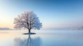 Lone Tree Standing Majestically on Ice Covered Water at Sunrise, Embracing Peaceful Tranquility. Royalty Free Stock Photo