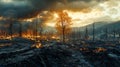 A lone tree stands amidst a blazing wildfire with a dramatic sky Royalty Free Stock Photo