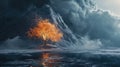 a lone tree stands amidst a frozen lake and an erupting volcano symbolizing the harmony between the opposing elements of