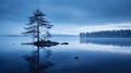 Magical Blue Hour: Lone Tree On Island In Norwegian Lake