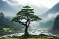 a lone tree stands in front of a river