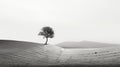 Minimalist Black And White Winter Landscape With Lone Tree