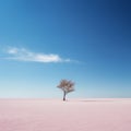 a lone tree stands in the middle of a pink desert