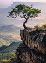 A lone tree stands on a rocky cliff overlooking a vast, empty plain Royalty Free Stock Photo