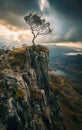 A lone tree stands on a rocky mountain top. The sky is cloudy and the sun is setting Royalty Free Stock Photo